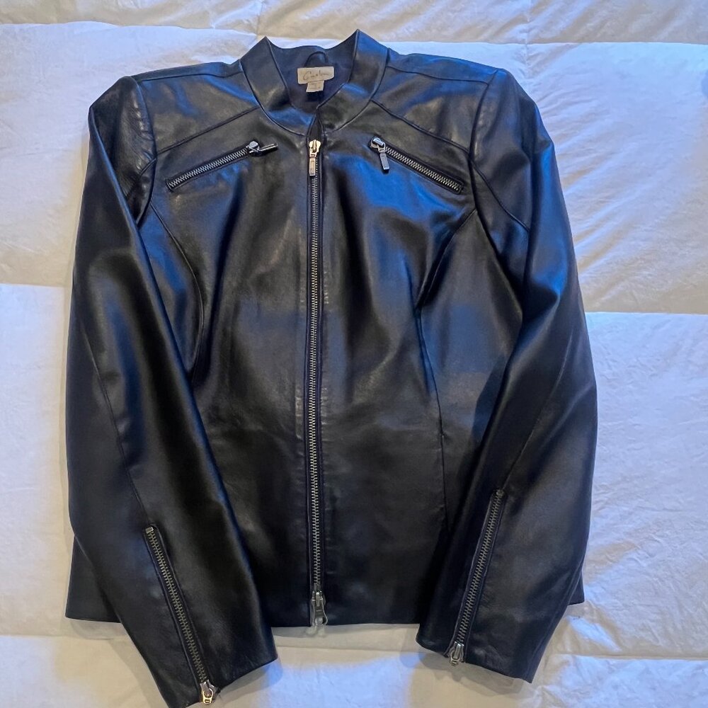 Ladies Black Leather jacket with pockets, made by Caslon, size Petite Small